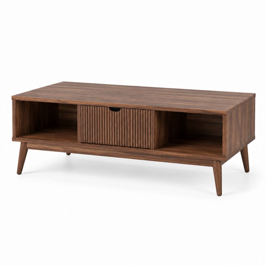 Table basse rectangulaire noyer en MDF plaqué 120 x 60 x 45 cm avec rangement