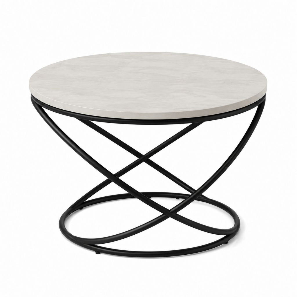 Table basse ronde gris clair en MDF mélaminé effet béton avec piètement en acier noir Ø80 x H45 cm