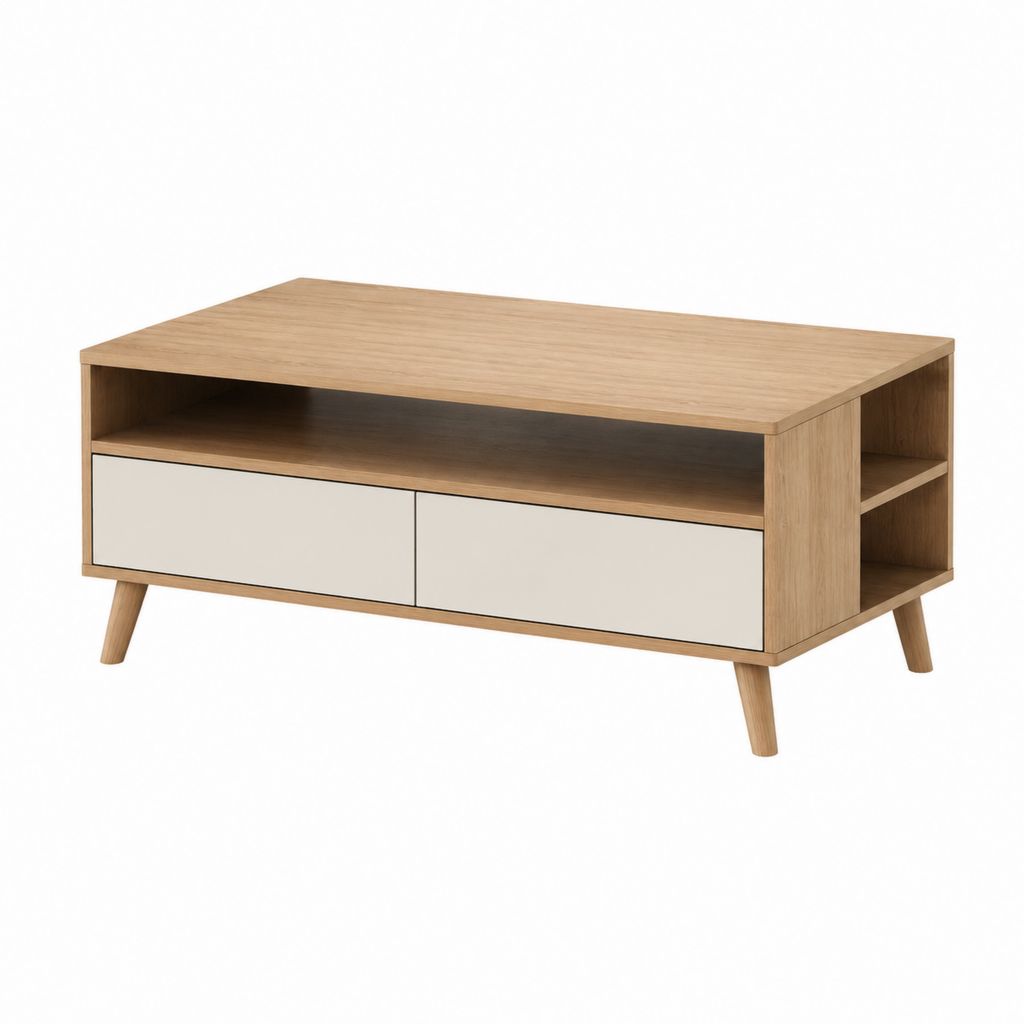 Table basse rectangulaire chêne clair et blanc en MDF 100 x 50 x 45 cm avec 2 tiroirs et niches de rangement