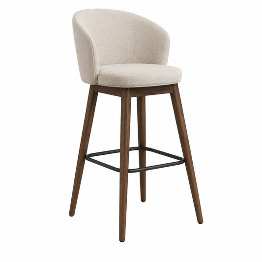 Tabouret de bar avec dossier arrondi beige en polyester pieds en hévéa massif hauteur d’assise 75 cm 52 x 55 x 102 cm