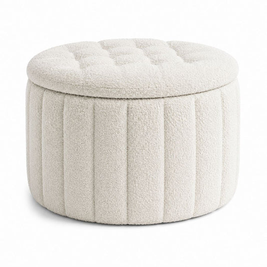 Pouf coffre rond beige en polyester bouclette 40 x 40 x 42 cm