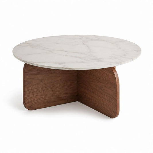 Table basse ronde blanche effet marbre et noyer en MDF 90 x 90 x 40 cm