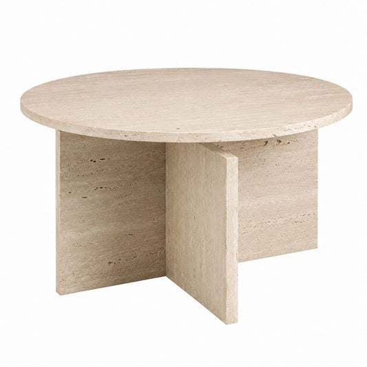 Table basse ronde beige en travertin naturel diamètre 80 cm hauteur 40 cm