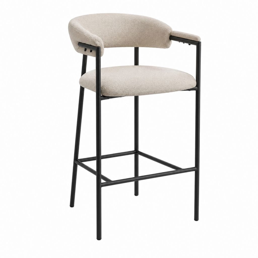 Tabouret de bar avec accoudoirs beige en polyester bouclé et acier noir 104 x 56 x 54 cm