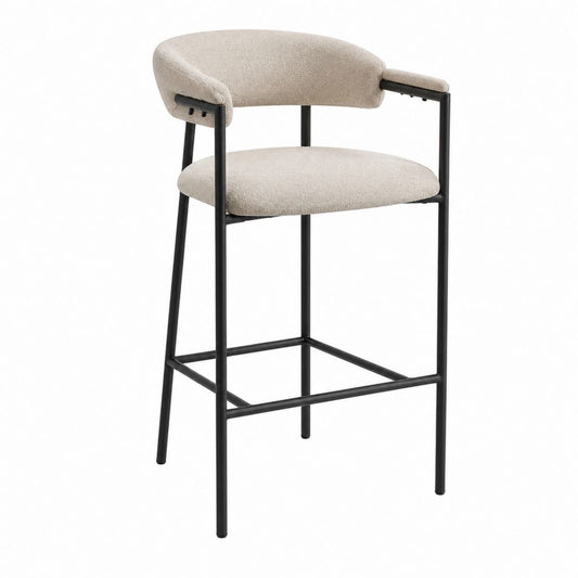 Tabouret de bar avec accoudoirs beige en polyester bouclé et acier noir 104 x 56 x 54 cm