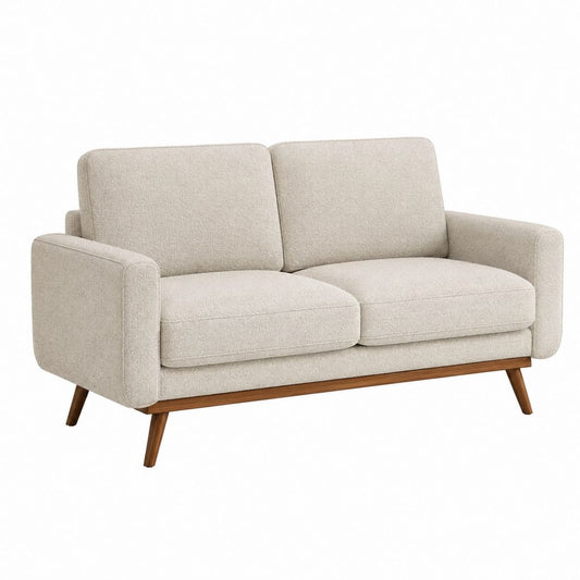 Canapé 2 places beige en polyester bouclé avec pieds en hévéa massif rectangulaire 150 x 84 x 85 cm