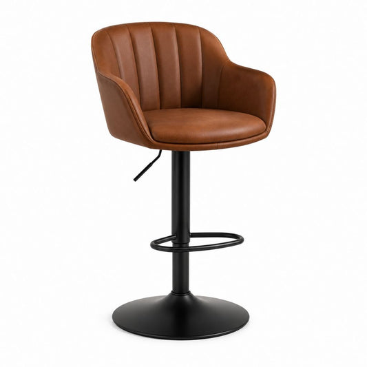 Tabouret de bar réglable pivotant marron en cuir synthétique PU avec piètement acier 52 x 56 x 91-112 cm