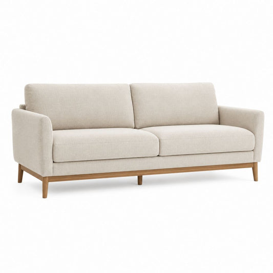 Canapé droit 3 places beige en polyester avec piètement en pin massif 190 x 88 x 83 cm