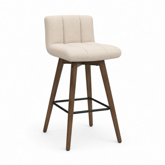 Tabouret de bar crème en polyester et bois massif d’hévéa avec repose-pieds 52 x 55 x 105 cm