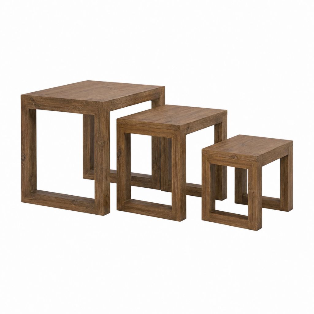 Lot de 3 tables basses gigognes marron en bois massif rectangulaires 45 x 45 x 45 cm 35 x 35 x 35 cm et 25 x 25 x 25 cm