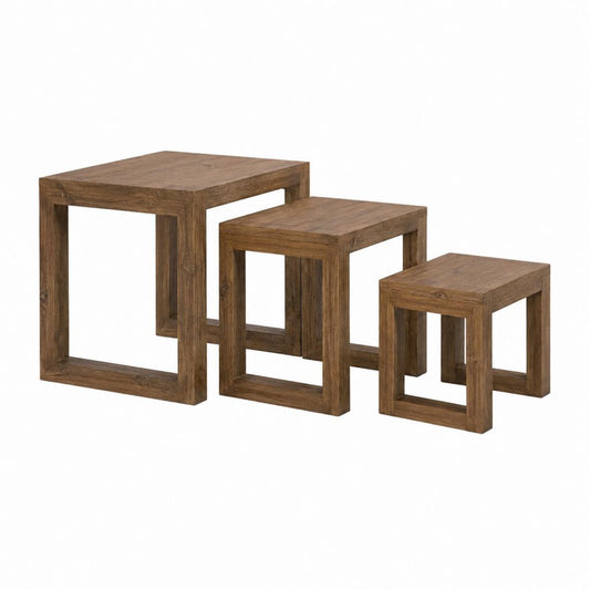 Lot de 3 tables basses gigognes marron en bois massif rectangulaires 45 x 45 x 45 cm 35 x 35 x 35 cm et 25 x 25 x 25 cm