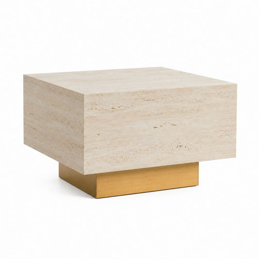 Table basse carrée en travertin beige avec base en acier inoxydable finition laiton 80 x 80 x 40 cm